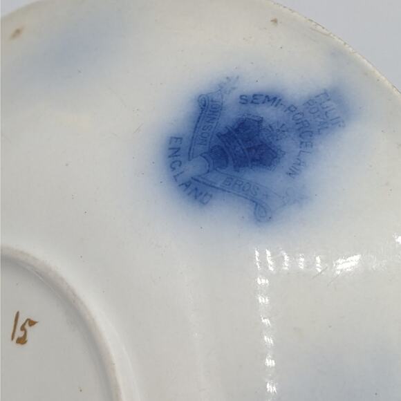 C1820 Johnson Brothers Semi Porcelain Flow Blue Tulip Royal Gold Accents 6 Plate - Picture 9 of 12